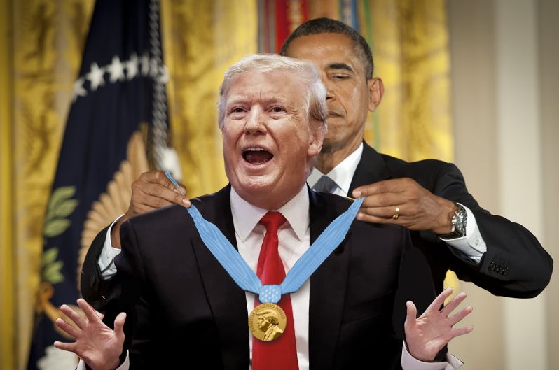 The White House releases a doctored photo of Obama giving President Trump the Noblest Peace Prize.