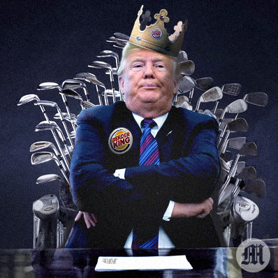 Trump donning a crown given to him by his chief of staff while sitting on his Iron Throne.