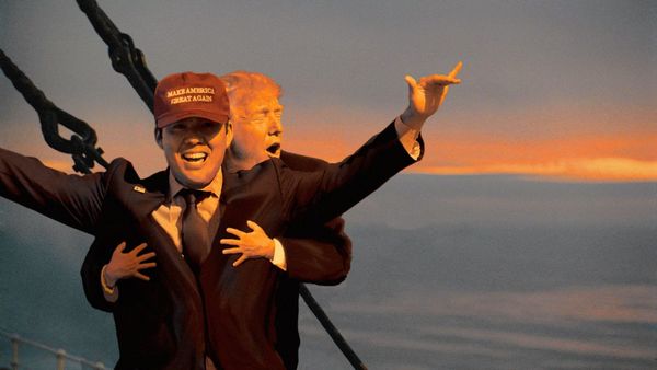 Trump embracing Nationals player Kurt Suzuki in a playful manner that resembles a popular scene in the movie Titanic.